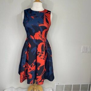 CB Women's Navy Red Floral Sleeveless Pleated Scuba Fit & Flare Dress Size 4
